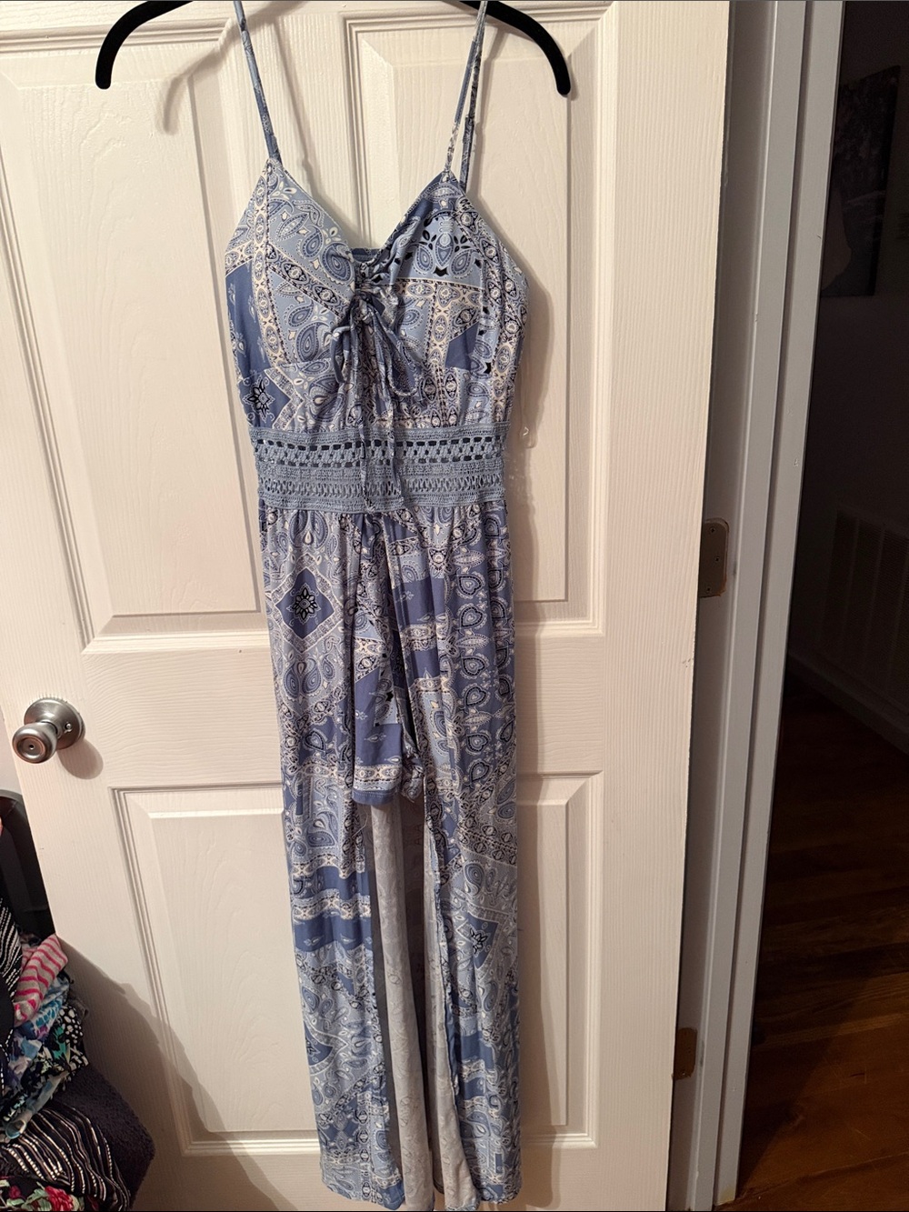 No Boundaries Blue Paisley Spaghetti-Strap Jumpsuit with Tie Front